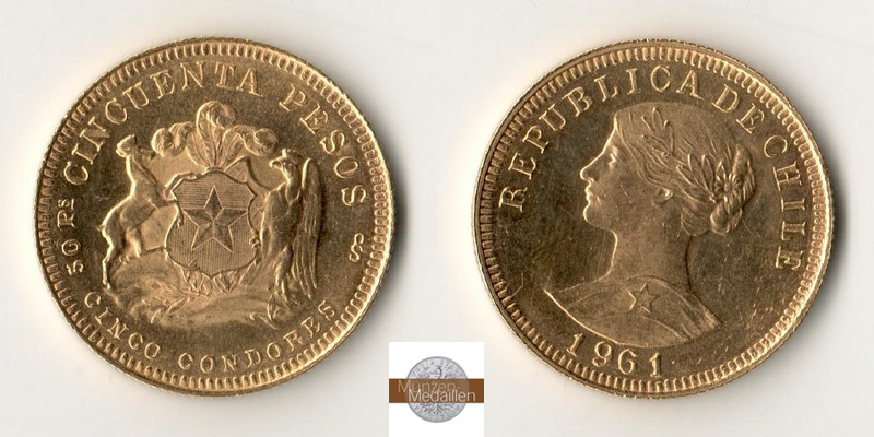 Chile MM-Frankfurt Feingold: 9,15g 50 Pesos 1961 