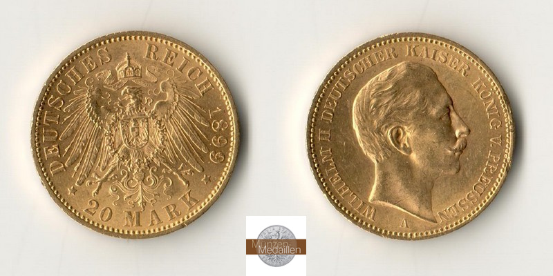 Dt. Kaiserreich. Preussen Wilhelm II. MM-Frankfurt Feingold: 7,17g 20 Mark 1899 A 