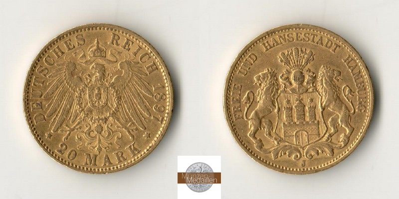Kaiserreich  20 Mark MM-Frankfurt Feingold: 7,17g Hamburg 1897 J 