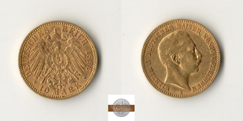 Deutsches Kaiserreich, Preussen. MM-Frankfurt Feingewicht: 3,58g Gold Wilhelm II. 1888-1918. 10 Mark 1896 A 