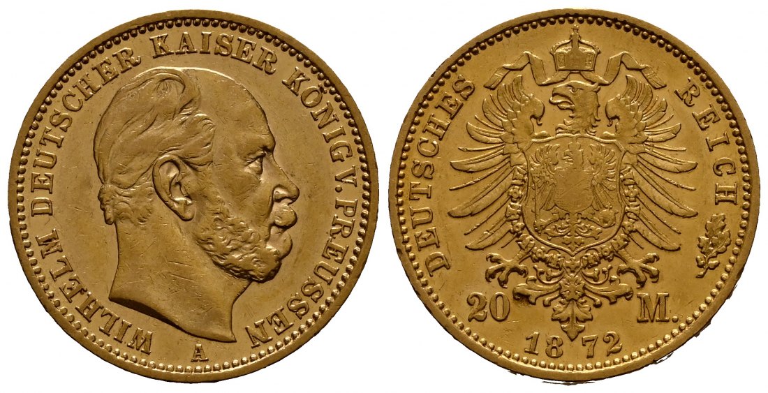 PEUS 1915 Kaiserreich - Preußen 7,16 g Feingold. Wilhelm I. (1861 - 1888) 20 Mark GOLD 1872 A Sehr schön