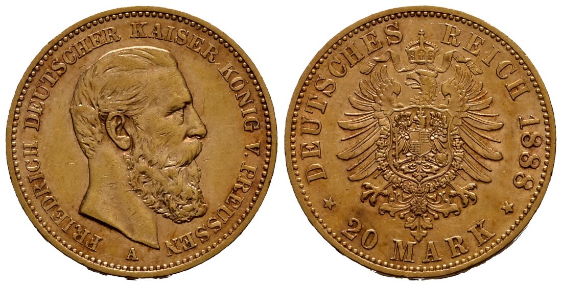 PEUS 1917 Kaiserreich - Preußen 7,16 g Feingold. Friedrich III. (09.03.- 15.06.1888) 20 Mark GOLD 1888 A Sehr schön