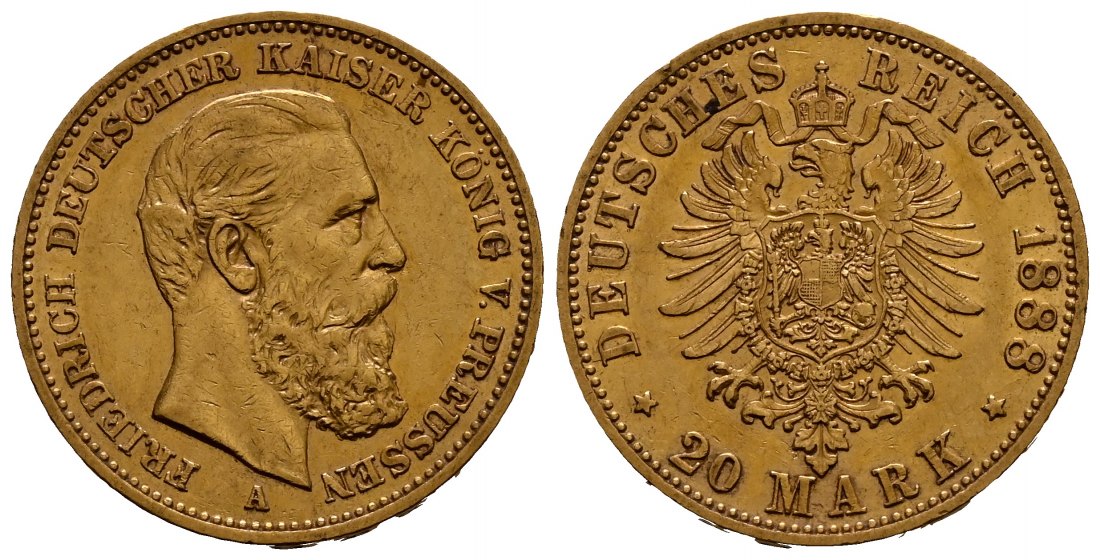 PEUS 1919 Kaiserreich - Preußen 7,16 g Feingold. Friedrich III. (09.03.- 15.06.1888) 20 Mark GOLD 1888 A Sehr schön