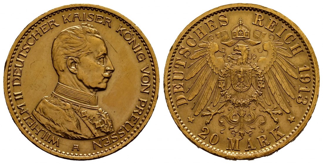 PEUS 1920 Preußen - Kaiserreich 7,16 g Feingold. Kaiser Wilhelm II. (1888 - 1918) in Kürassieruniform 20 Mark GOLD 1913 A Sehr schön