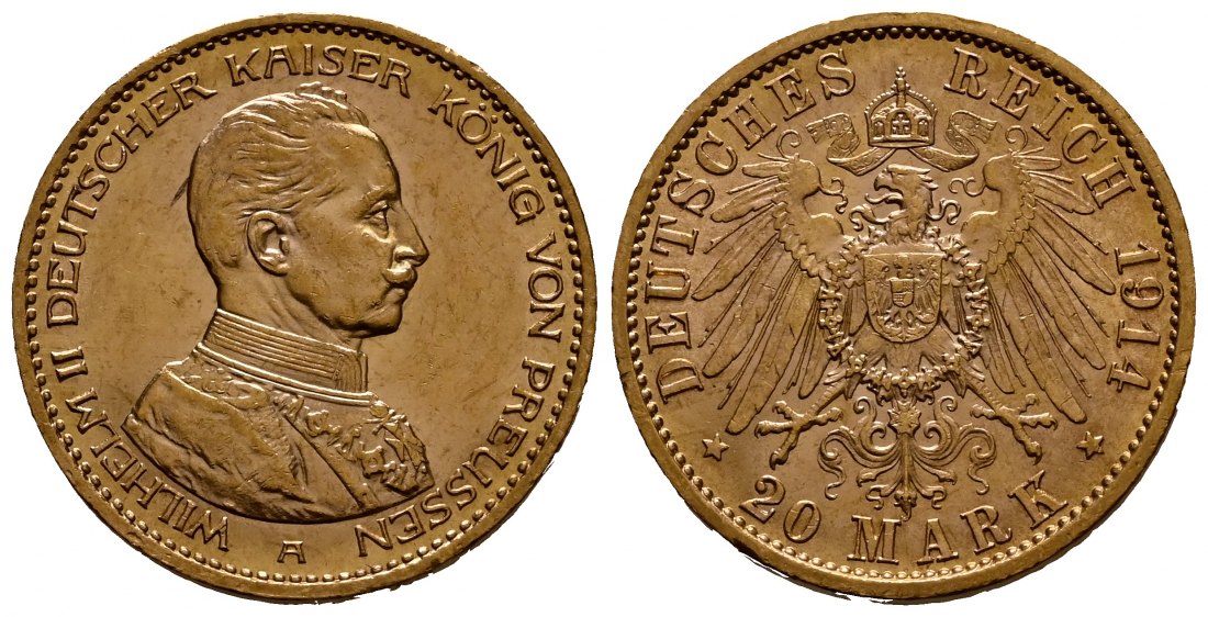 PEUS 1921 Preußen - Kaiserreich 7,16 g Feingold. Kaiser Wilhelm II. (1888 - 1918) in Kürassieruniform 20 Mark GOLD 1914 A Fast vorzüglich