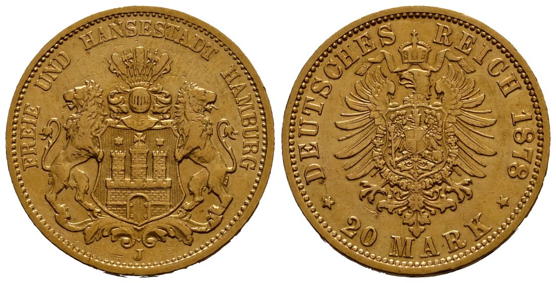 PEUS 1922 Hamburg - Kaiserreich 7,16 g Feingold. Stadtwappen / Kleiner Adler 20 Mark GOLD 1878 J Sehr schön
