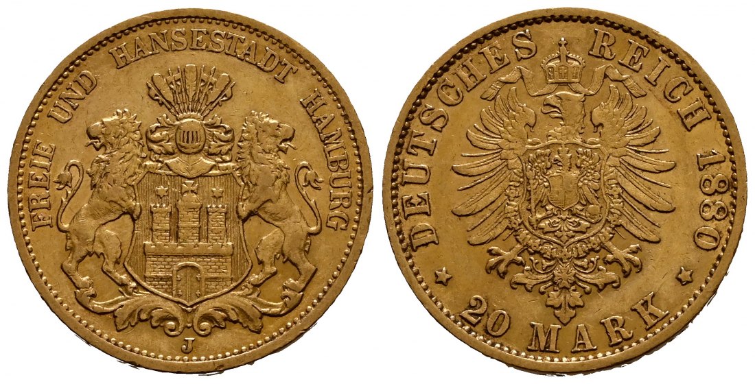 PEUS 1923 Kaiserreich - Hamburg 7,16 g Feingold. Kleiner Adler 20 Mark GOLD 1880 J Sehr schön