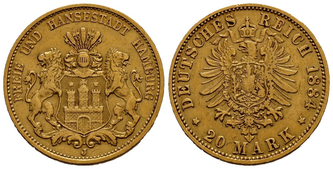 PEUS 1924 Hamburg - Kaiserreich 7,16 g Feingold. Stadtwappen 20 Mark GOLD 1884 J Sehr schön
