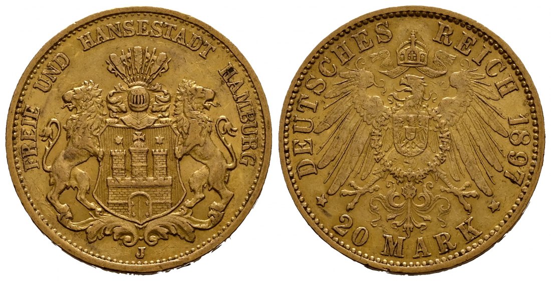 PEUS 1925  Kaiserreich - Hamburg 7,16 g Feingold. Stadtwappen 20 Mark GOLD 1897 J Sehr schön