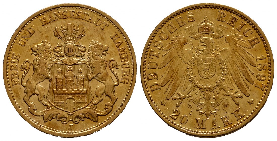 PEUS 1926  Kaiserreich - Hamburg 7,16 g Feingold. Stadtwappen 20 Mark GOLD 1897 J Sehr schön