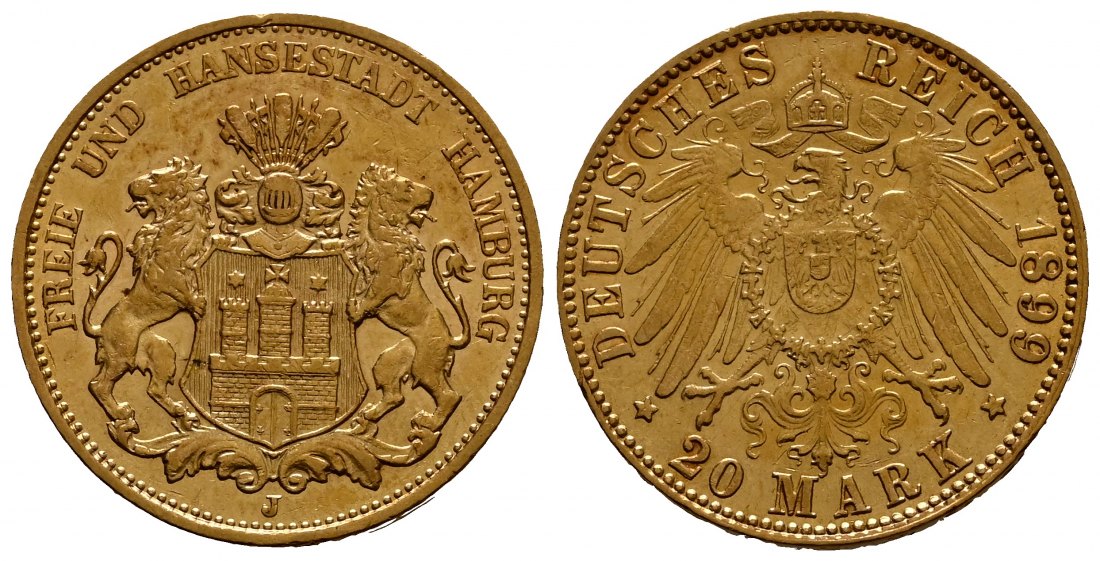 PEUS 1927 Hamburg - Kaiserreich 7,16 g Feingold. Stadtwappen 20 Mark GOLD 1899 J Sehr schön