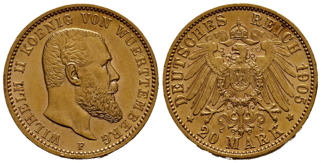 PEUS 1928 Kaiserreich - Württemberg 7,16 g Feingold. Wilhelm II. (1891 - 1918) 20 Mark GOLD 1905 F Stuttgart Fast vorzüglich