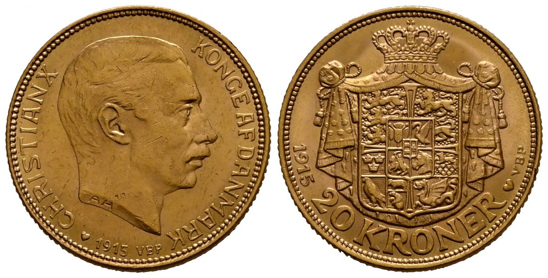 PEUS 1930 Dänemark 8,06 g Feingold. Kopenhagen Christian X. (1912 - 1947) 20 Kronen GOLD 1915 VBP Kl. Kratzer, Vorzüglich