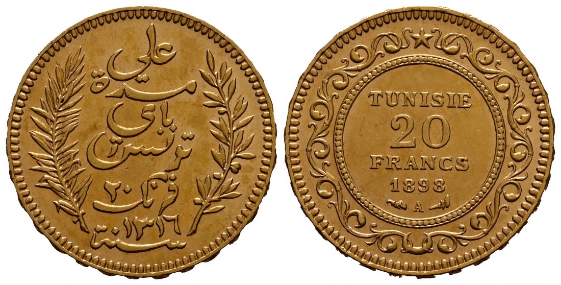 PEUS 1932 Tunesien 5,81 g Feingold 20 Francs GOLD 1898 A Fast vorzüglich
