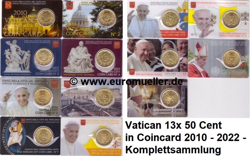 Vatikan Komplettsammlung 50 Cent 2010-2022...in Coincard No. 1-13   