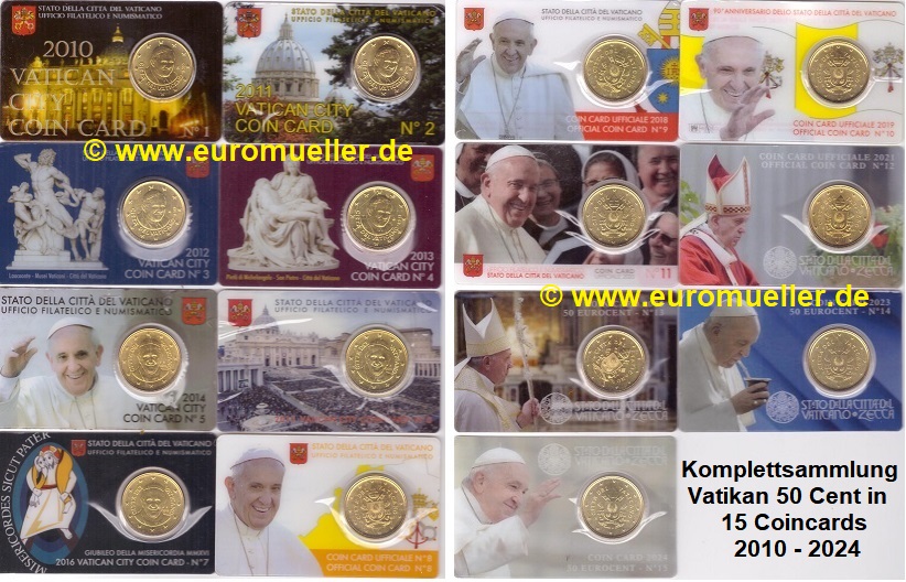 Vatikan Komplettsammlung 50 Cent 2010-2024...in Coincard No. 1-15   