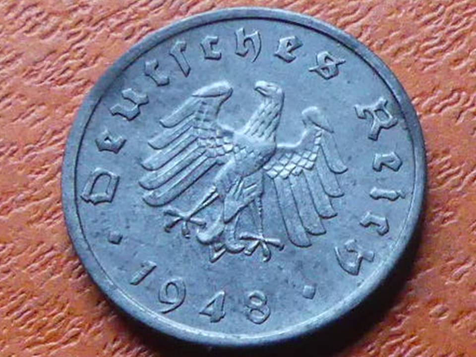  Münze Alliierte Besatzung „10 Reichspfennig 1948 F“. Sehr gut erhalten.   
