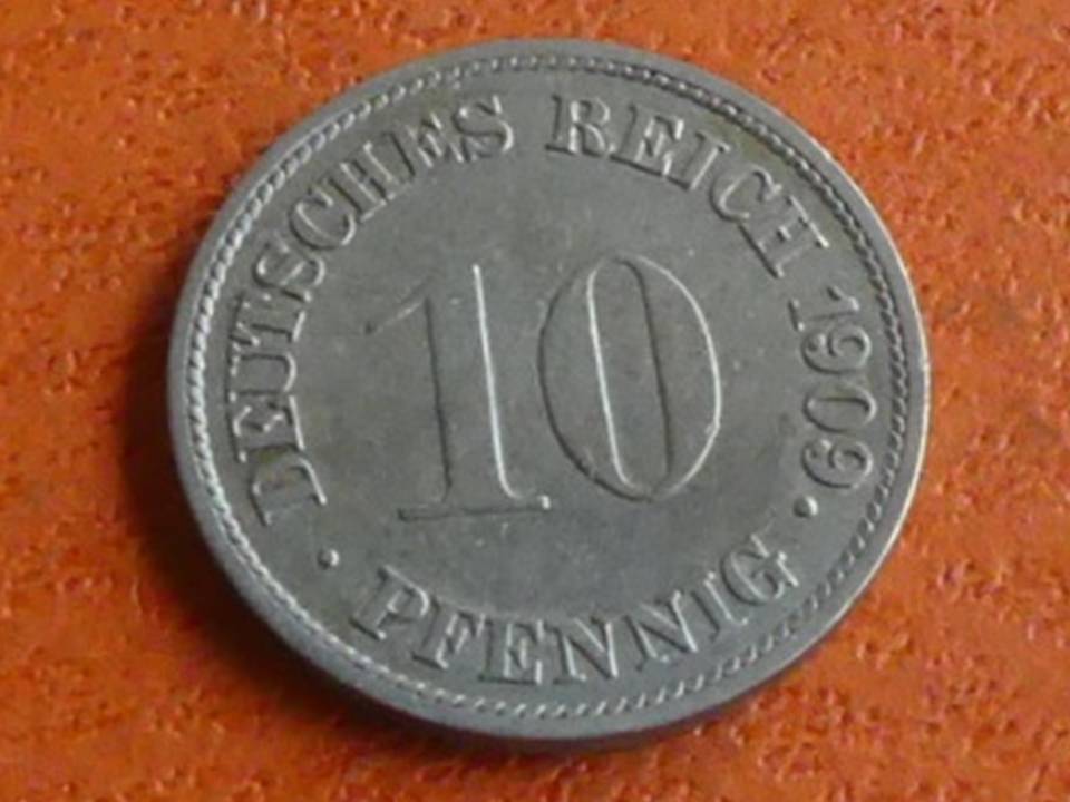  Deutschland Kaiserreich 10 Pfennig 1909 G, seltener Jahrgang. Top-Erhaltung!   