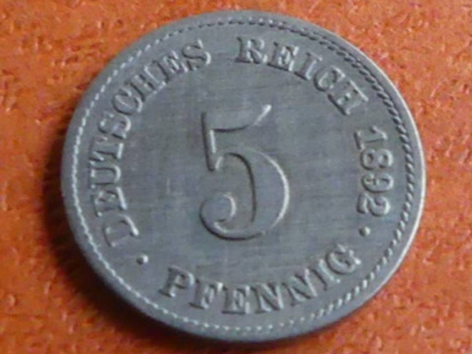  Deutschland Kaiserreich 5 Pfennig 1892 F, seltener Jahrgang   