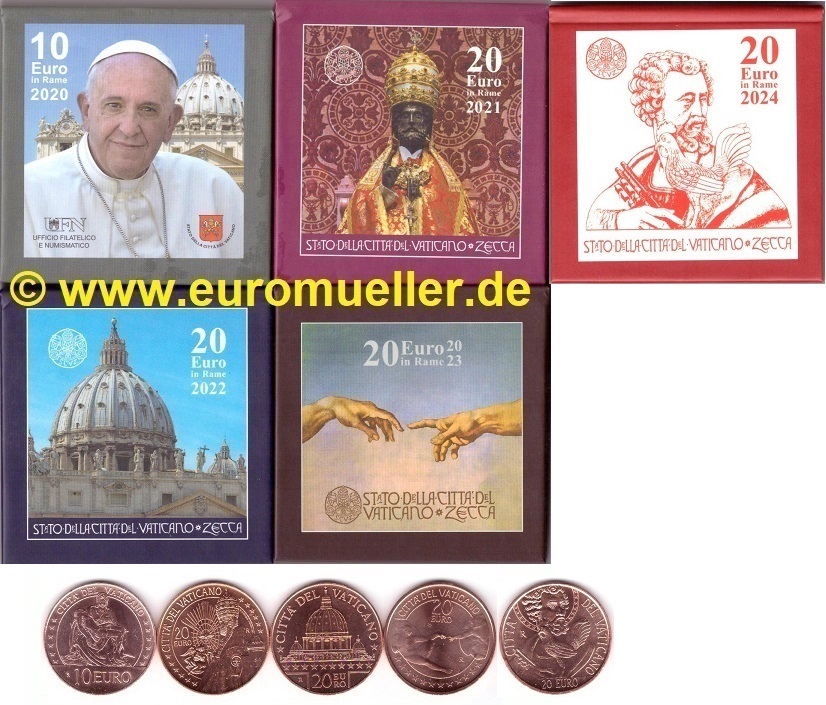 Vatikan 5x Gedenkmünzen 10 + 20 Euro 2020-2024...in Box   