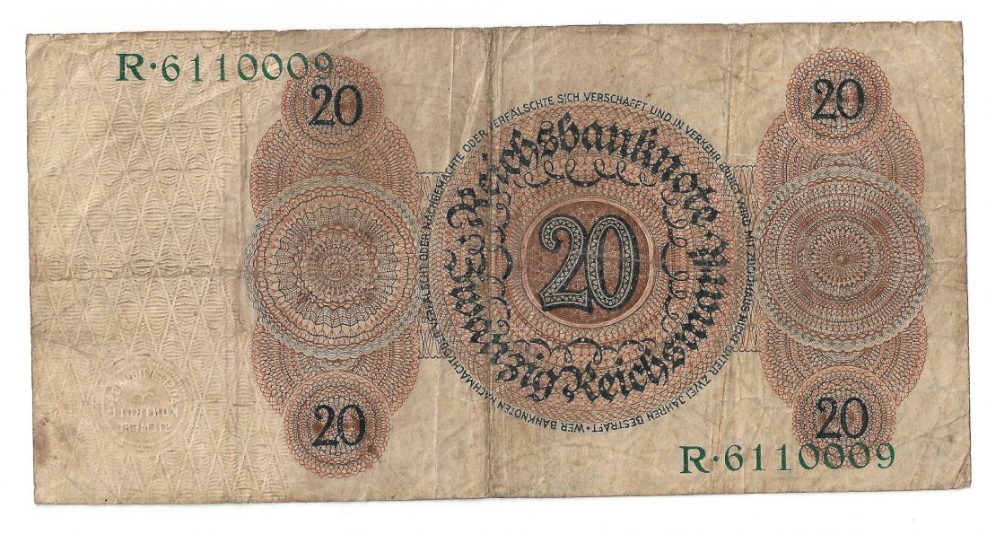  Banknote Weimarer Republic, 20 Reichsmark Berlin 11. Oktober 1924   