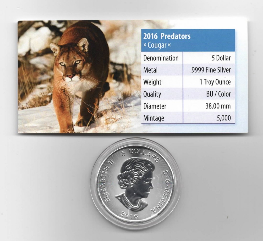  Maple Leaf, Predators, 5$ 2016, Cougar, Farbe, 5000 St., Zertifikat, 1 oz Silber   