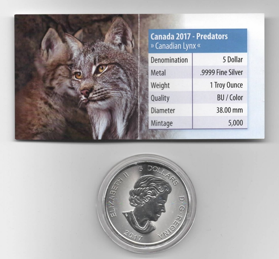  Maple Leaf, Predators, 5$ 2017, Canadian Lynx, Farbe, 5000 St., Zertifikat, 1 oz Silber   