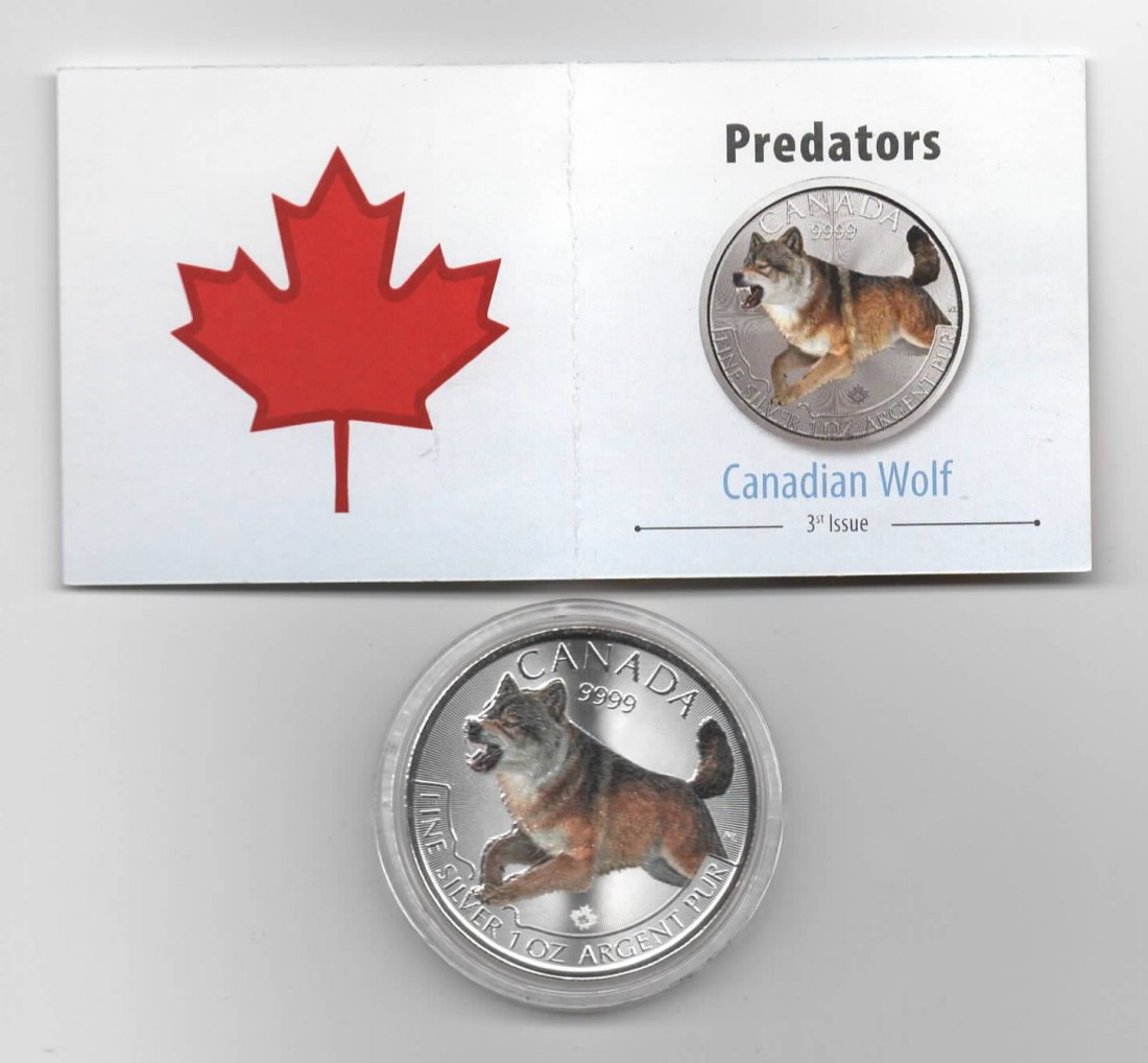  Maple Leaf, Predators, 5$ 2018, Canadian Wolf, Farbe, 5000 St., Zertifikat, 1 oz Silber   