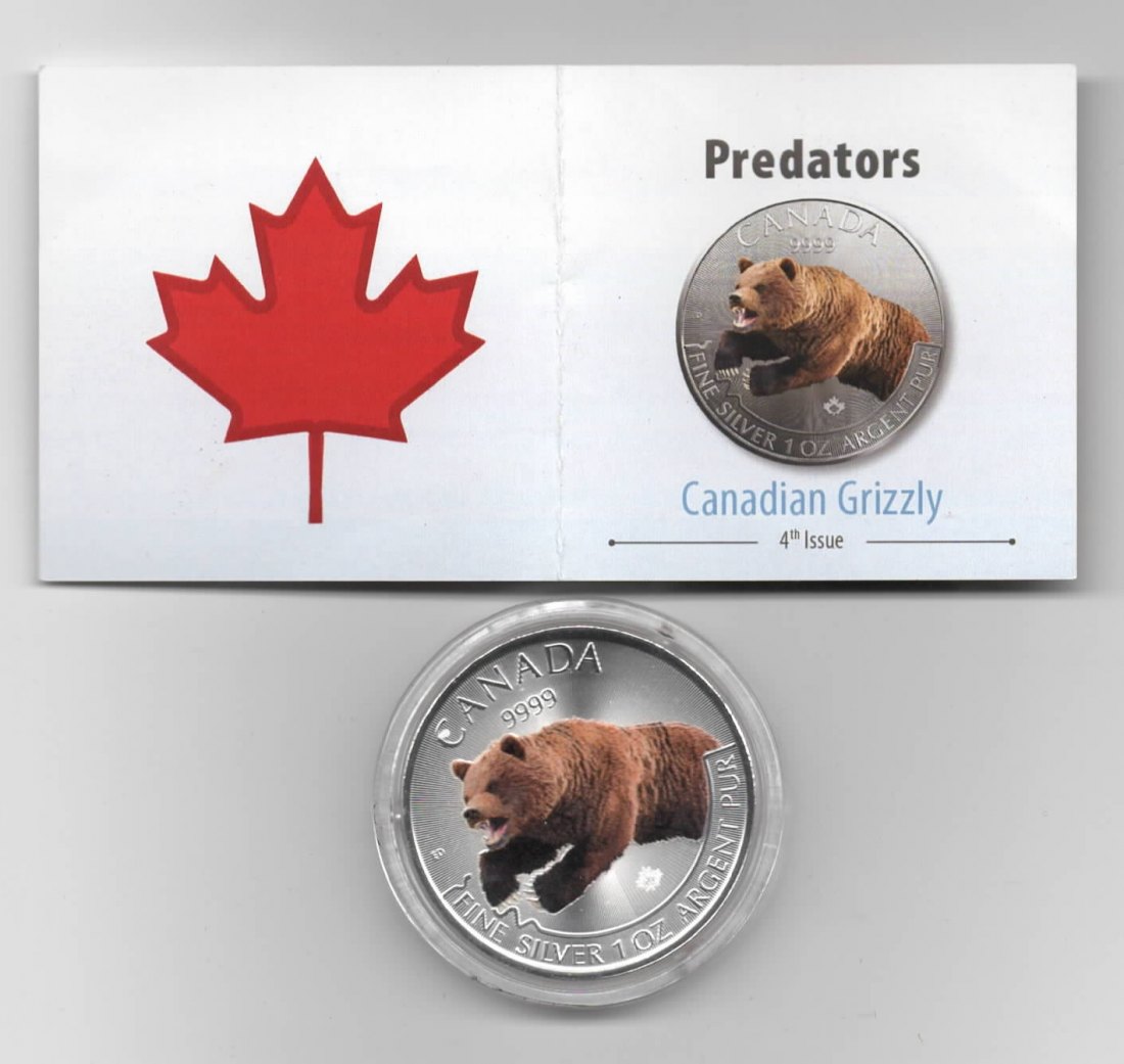  Maple Leaf, Predators, 5$ 2019, Canadian Grizzly, Farbe, 5000 St., Zertifikat, 1 oz Silber   
