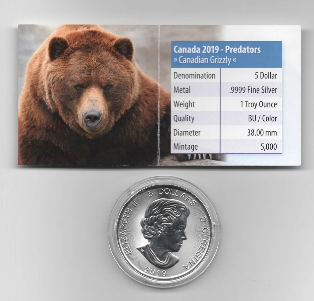  Maple Leaf, Predators, 5$ 2019, Canadian Grizzly, Farbe, 5000 St., Zertifikat, 1 oz Silber   