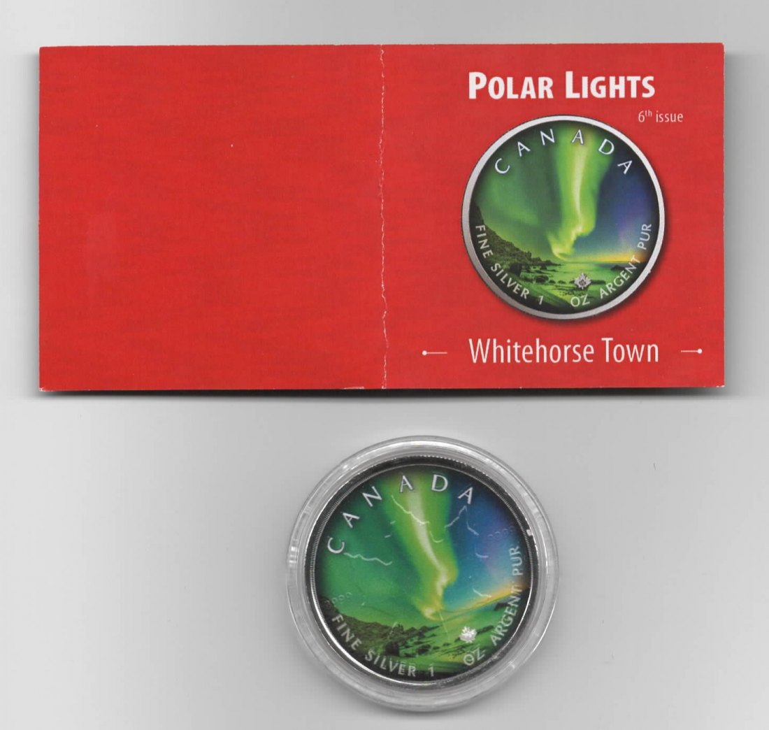  Maple Leaf, Polar Lights, 5$ 2020, Whitehorse Town, Farbe, 999 St. Zertifikat, 1 oz Silber   