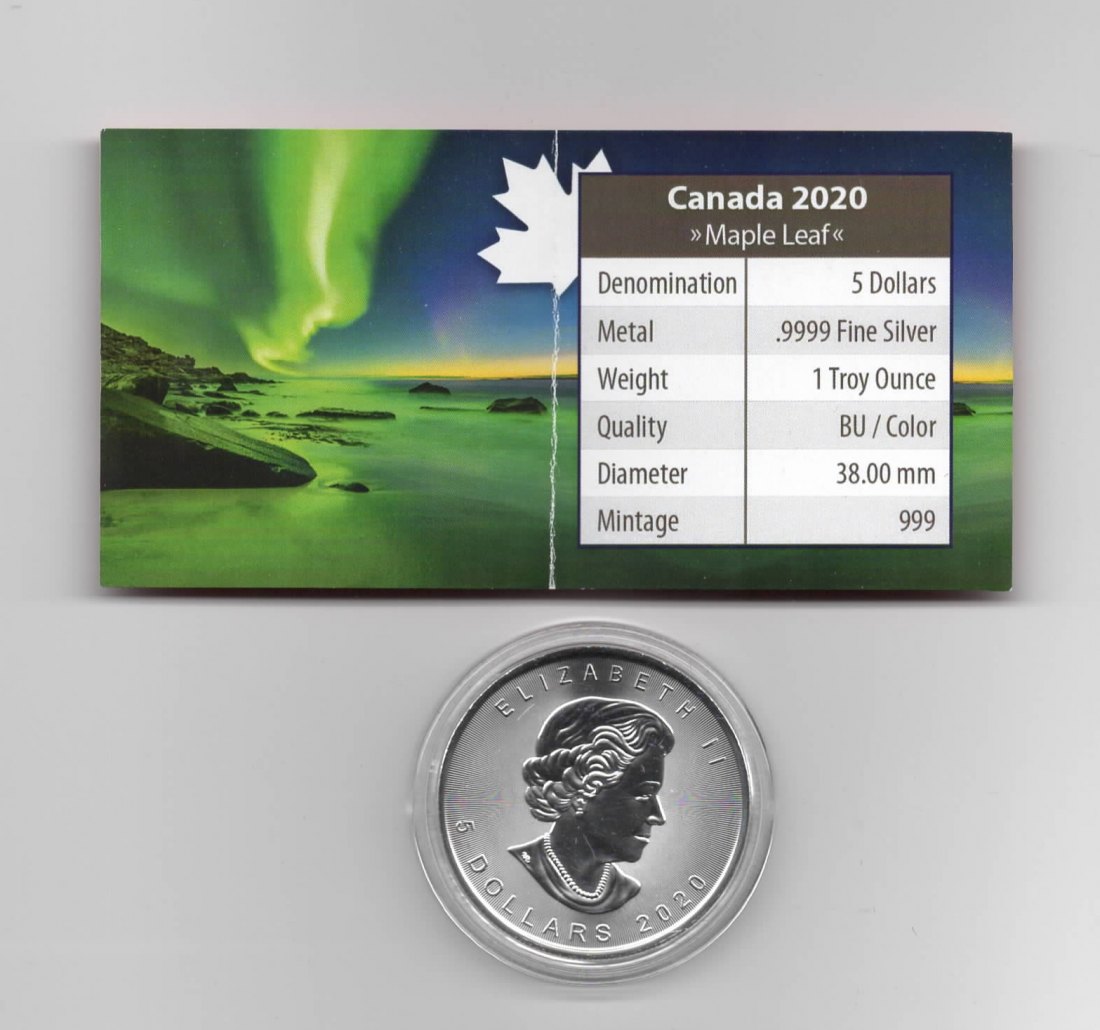  Maple Leaf, Polar Lights, 5$ 2020, Whitehorse Town, Farbe, 999 St. Zertifikat, 1 oz Silber   