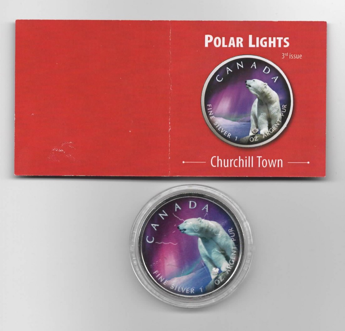  Maple Leaf, Polar Lights, 5$ 2020, Churchill Town, Farbe, 999 St., Zertifikat, 1 oz Silber   