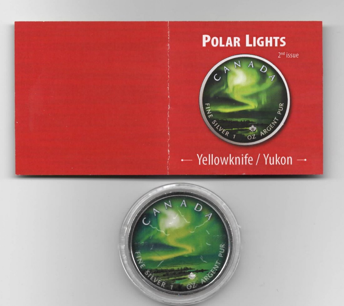  Maple Leaf, Polar Lights, 5$ 2020, Yellowknife / Yukon, Farbe, 999 St., Zertifikat, 1 oz Silber   