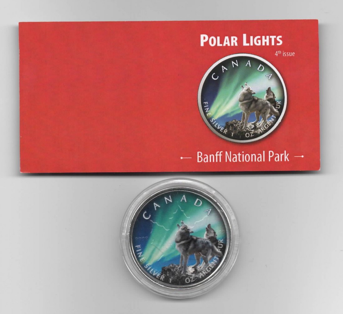  Maple Leaf, Polar Lights, 5$ 2020, Banff National Park, Farbe, 999 St., Zertifikat, 1 oz Silber   