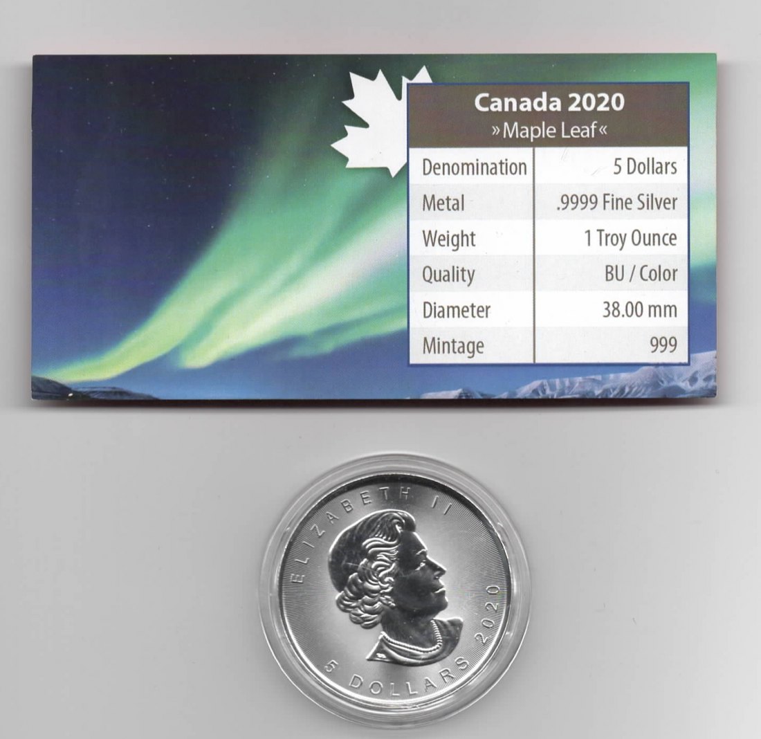  Maple Leaf, Polar Lights, 5$ 2020, Banff National Park, Farbe, 999 St., Zertifikat, 1 oz Silber   