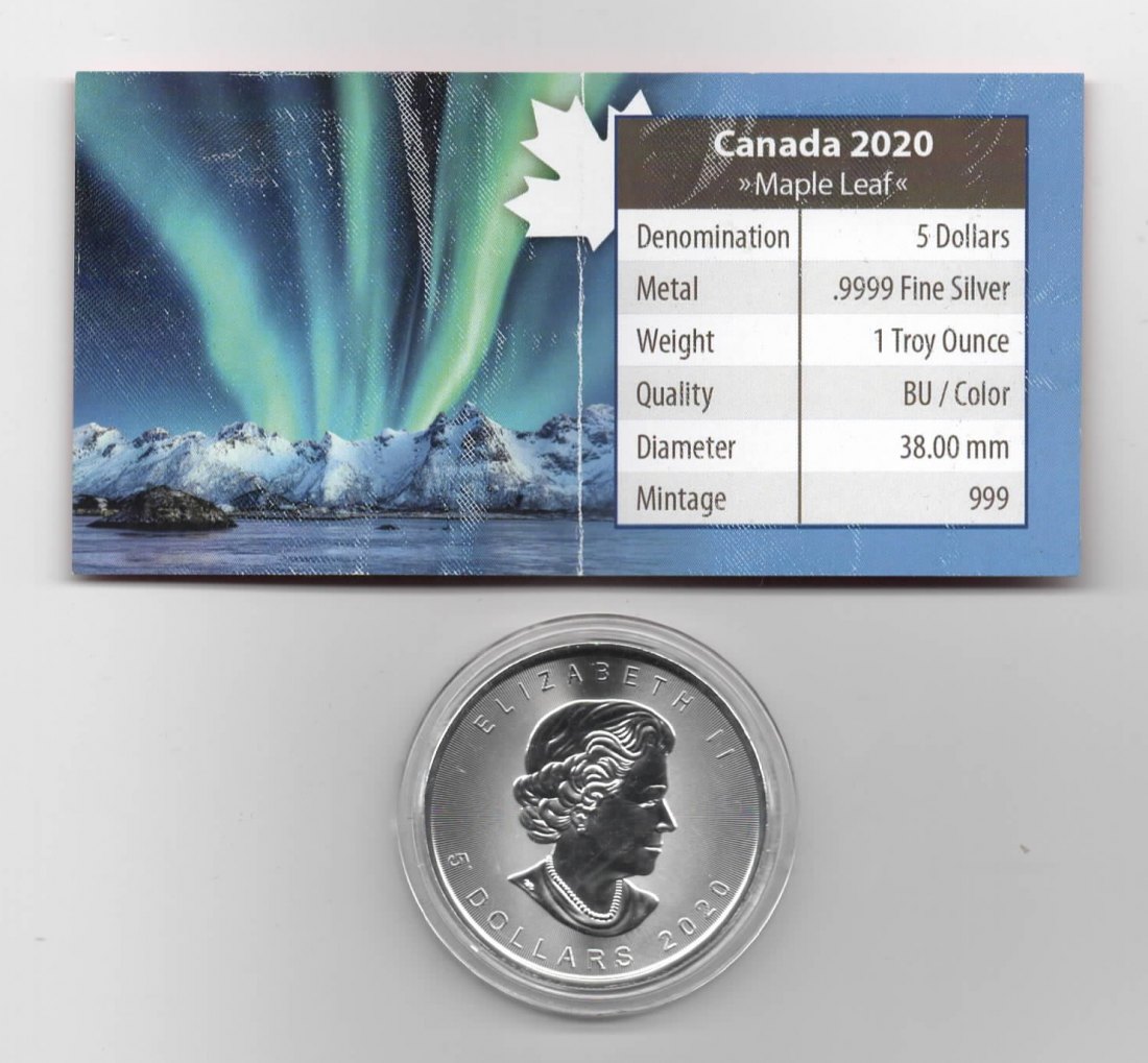  Maple Leaf, Polar Lights, 5$ 2020, Jasper National Park, Farbe, 999 St., Zertifikat, 1 oz Silber   