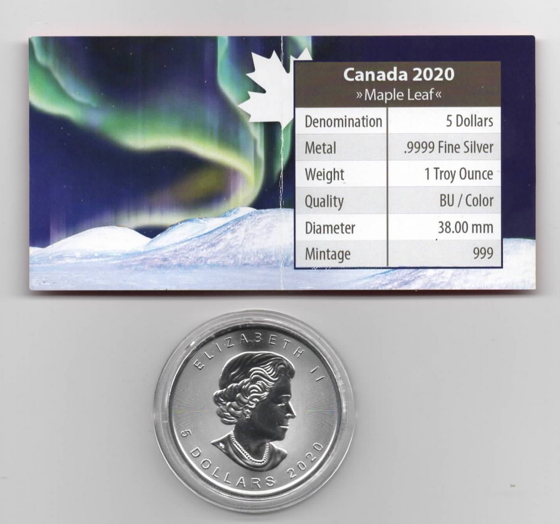  Maple Leaf, Polar Lights, 5$ 2020, Wood Buffalo Park, Farbe, 999 St., Zertifikat, 1 oz Silber   