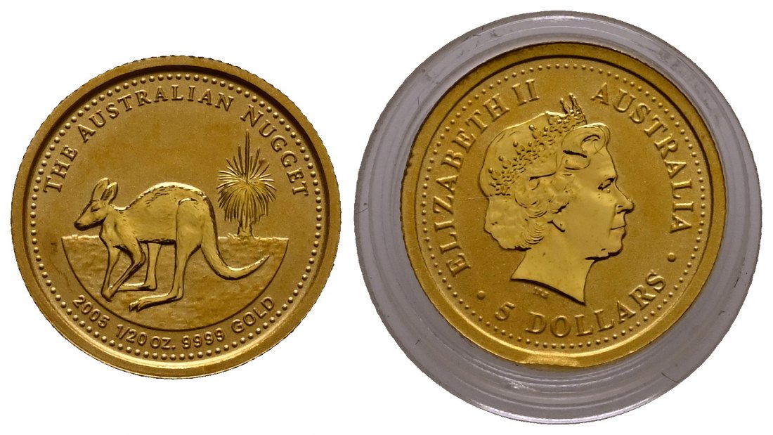 PEUS 1934 Australien 1,56 g Feingold. Känguru nach links 5 Dollars GOLD 1/20 Unze 2005 Uncirculated (Kapsel)