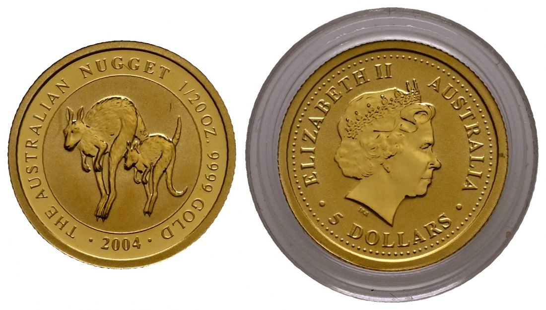 PEUS 1935 Australien 1,56 g Feingold. Zwei hüpfende Kängurus 5 Dollars GOLD 1/20 Unze 2004 Uncirculated (Kapsel)