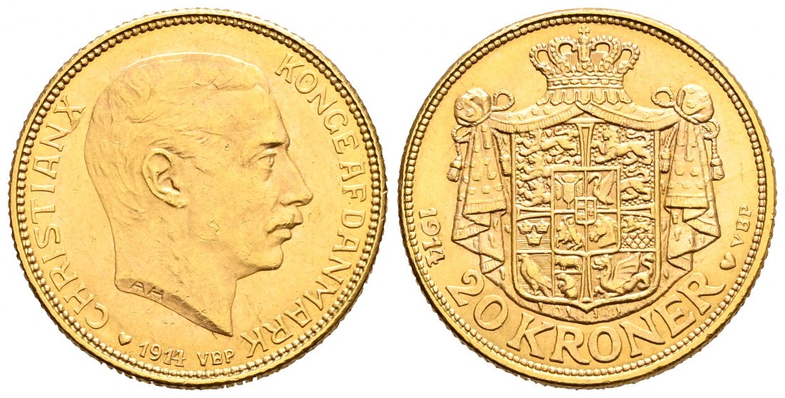 PEUS 1941 Dänemark 8,06 g Feingold. Kopenhagen Christian X. (1912 - 1947) 20 Kroner GOLD 1914 VBP Kl. Kratzer, Vorzüglich