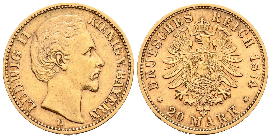 PEUS 1943 Kaiserreich - Bayern 7,16 g Feingold. Ludwig II. 20 Mark GOLD 1874 D München Sehr schön