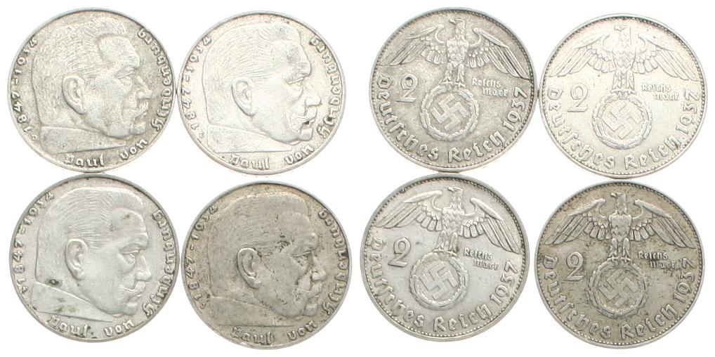  Deutschland: III. Reich, Lot von 4 x 2 Mark 1937 D, E, F, J, 4 x 8 gr. 625er Silber!   