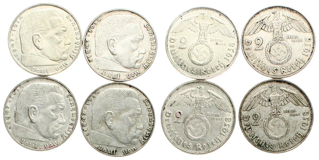  Deutschland: III. Reich, Lot von 4 x 2 Mark 1938 B, E, G, J, 4 x 8 gr. 625er Silber!   