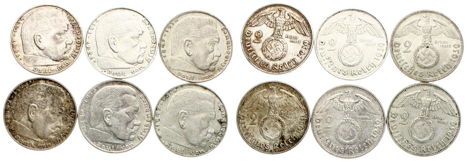  Deutschland: III. Reich, Lot von 6 x 2 Mark 1939 A, B, D, F, G, J, 6 x 8 gr. 625er Silber!   