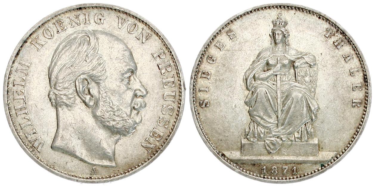  Preussen: Wilhelm, Siegestaler 1871 (Sieg gegen Frankreich), Silber! AKS 118, schöne Patina!   