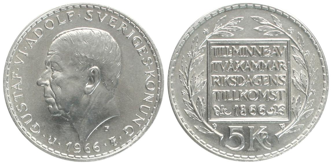  Schweden: Gustav VI, Adolf., 5 Kroner 1966, Silber, 100 Jahre Zwei-Kammern System, TOP-Exemplar!   