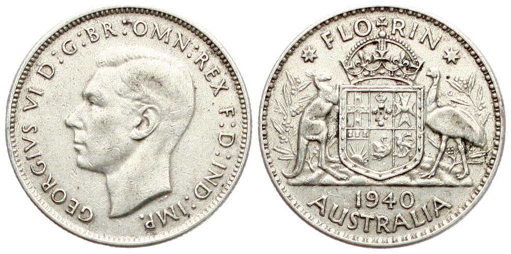  Australien: Georg V., One Florin 1940, Silber, 11,31 gr. 925er Silber!   