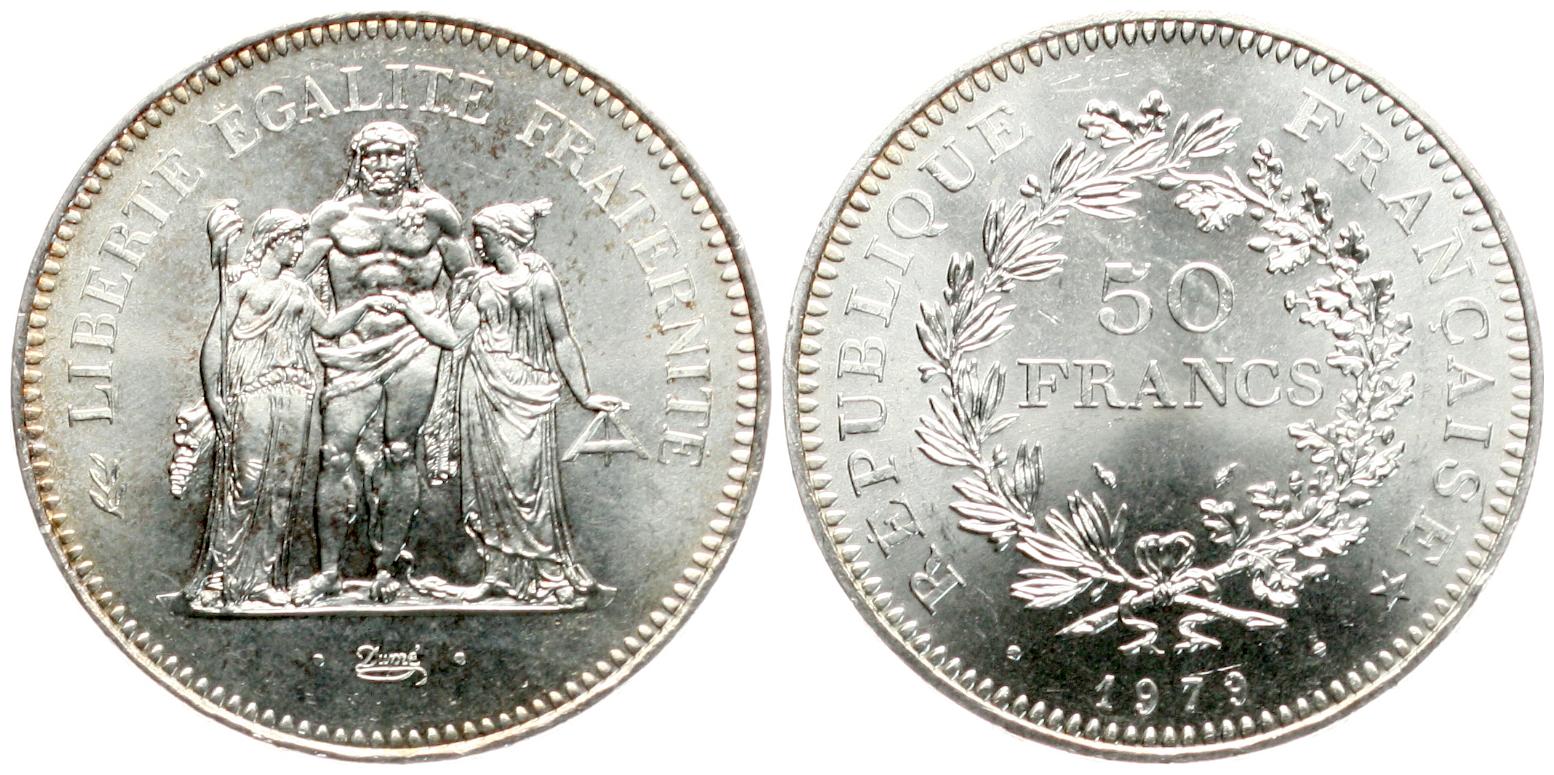  Frankreich: 50 Francs 1979 in TOP-Erh., 30 gr. 900er Silber (27 gr. fein)   