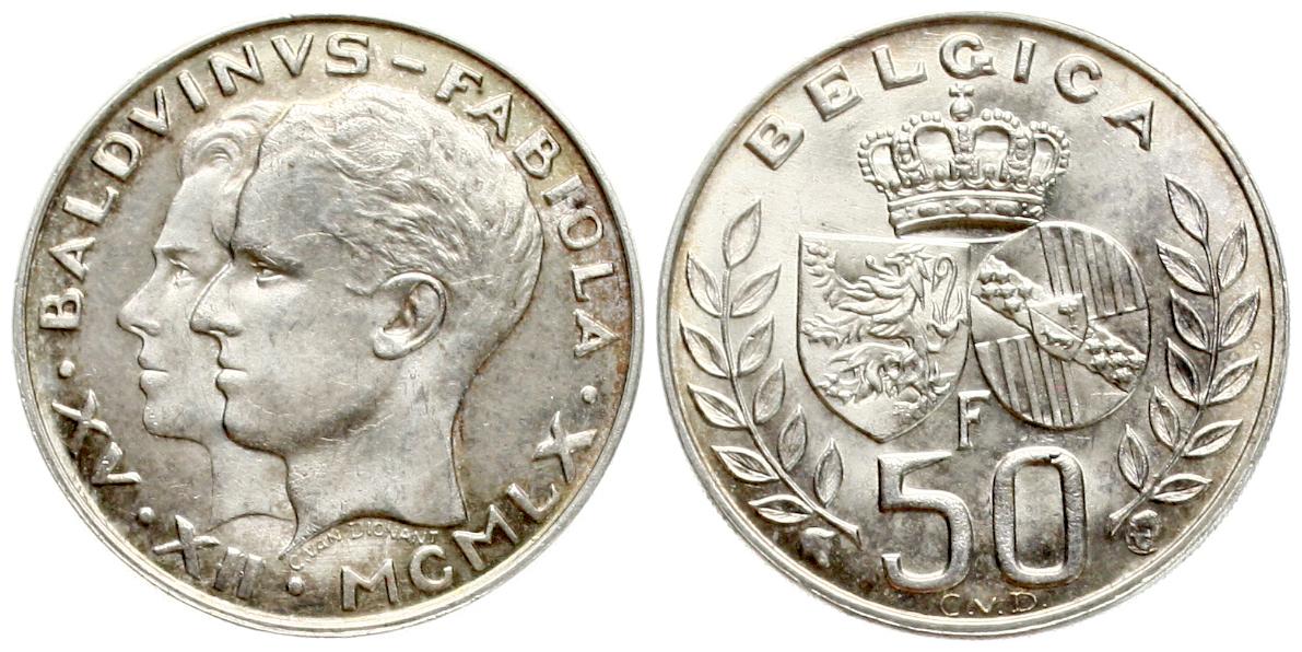  Belgien: Baudouin, 50 Francs 1960, auf die Hochzeit, 12,5 gr. 835er Silber, schöne Patina!!   
